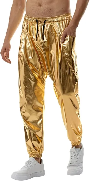 Men's Spring Summer Fashion Causal Pants Overalls Solid Color Bright Leather Trousers Slim Fit Drawstring Joggers