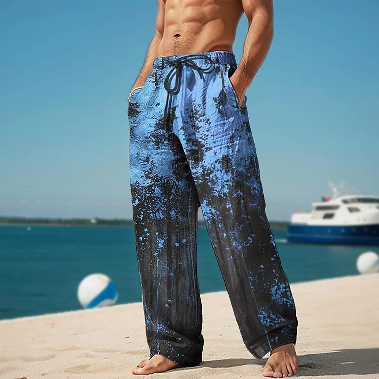 Mens Summer Casual Beach Pants Drawstring Elastic Waisted 3D Printed Fashion Trousers Holiday Vacation Combat Streetwear 2024