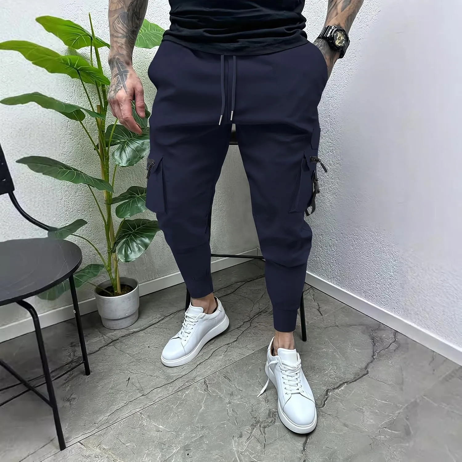 Mens Tapered Cargo Pants Casual Elastic Waist Drawstring Joggers Sweatpants Casual Slim Fit Hiking Pants with Pockets