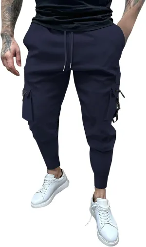 Mens Tapered Cargo Pants Casual Elastic Waist Drawstring Joggers Sweatpants Casual Slim Fit Hiking Pants with Pockets