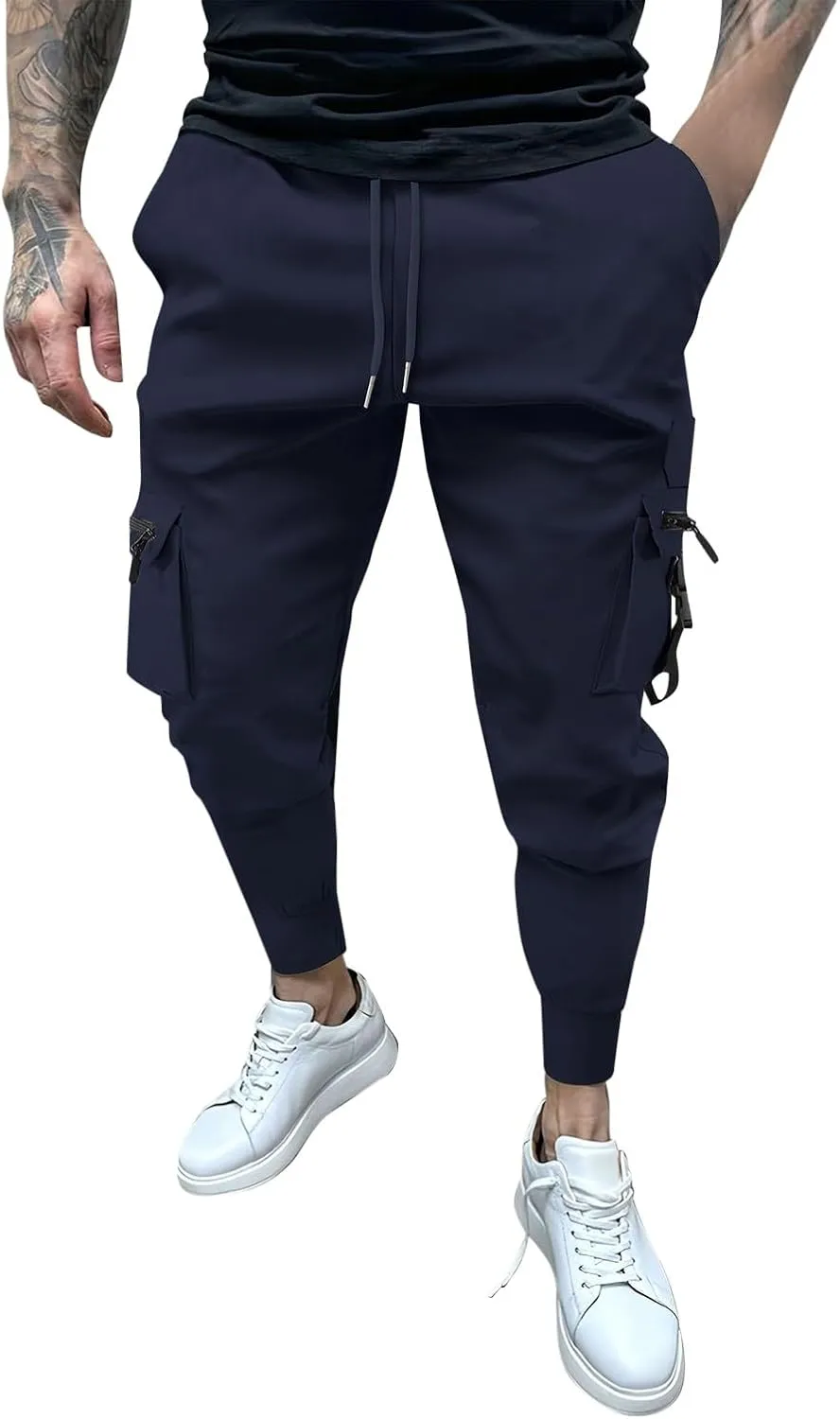 Mens Tapered Cargo Pants Casual Elastic Waist Drawstring Joggers Sweatpants Casual Slim Fit Hiking Pants with Pockets