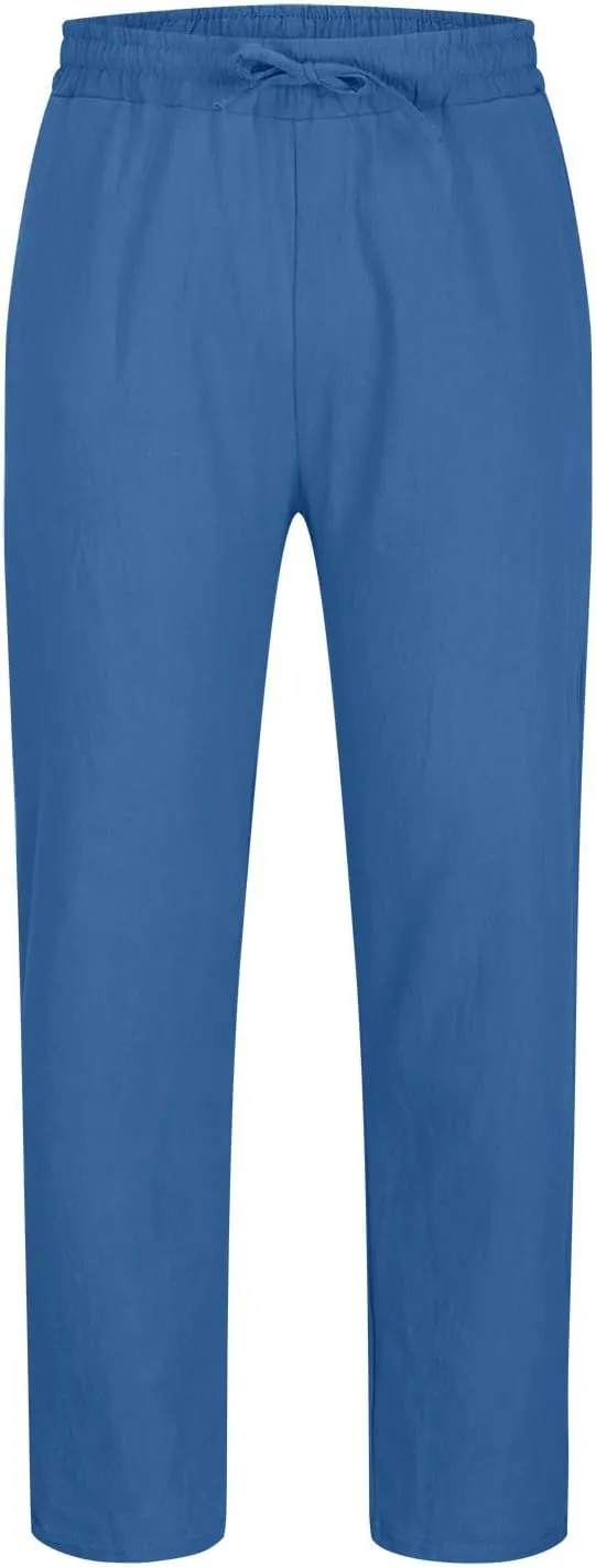 Men's Vintage Drawstring Casual Cotton Linen Pants Distressed Pleated Lightweight and Breathable Lounge Pants