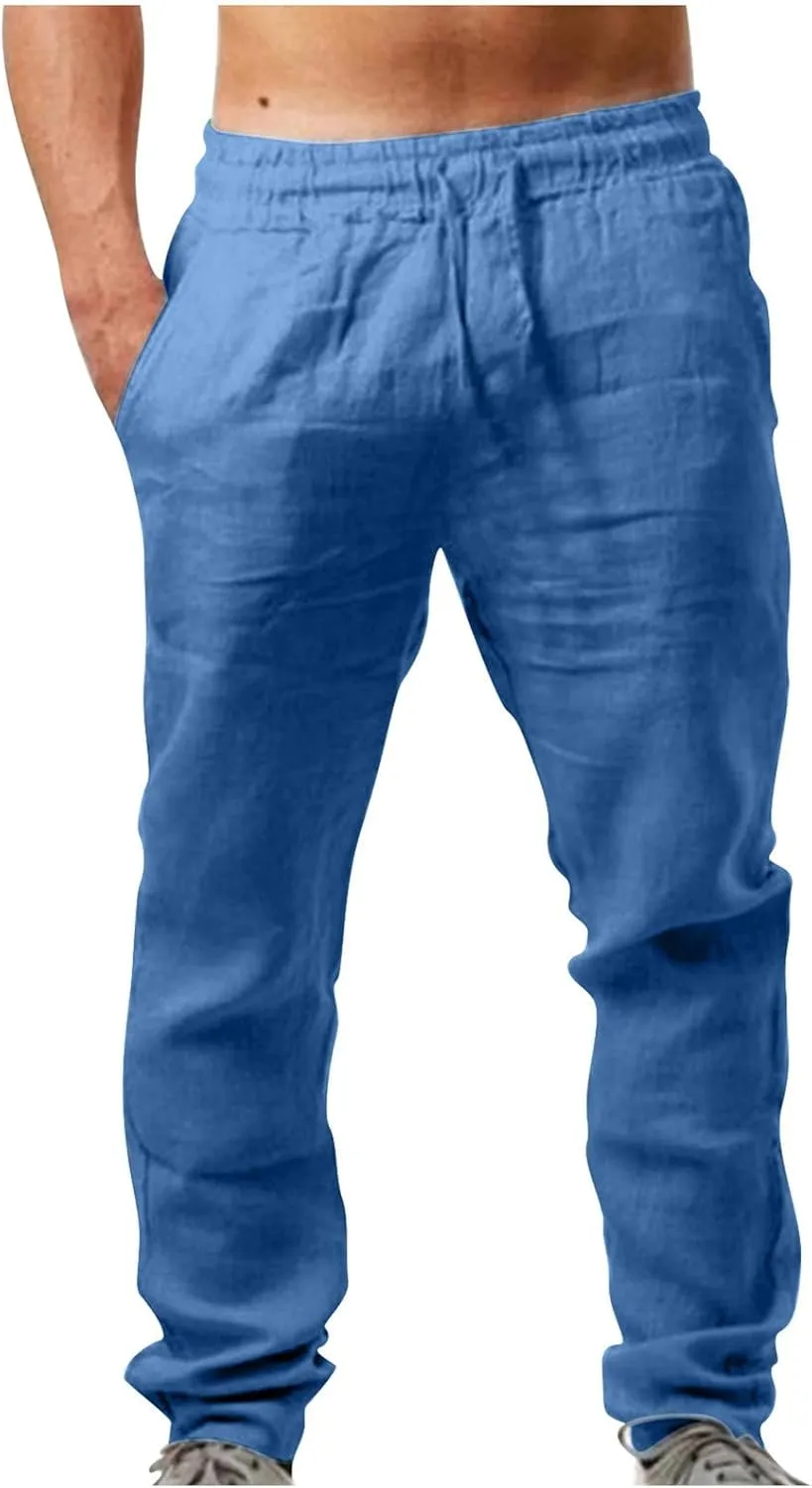 Men's Vintage Drawstring Casual Cotton Linen Pants Distressed Pleated Lightweight and Breathable Lounge Pants