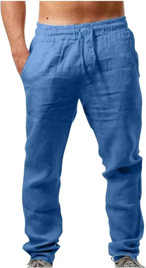 Men's Vintage Drawstring Casual Cotton Linen Pants Distressed Pleated Lightweight and Breathable Lounge Pants