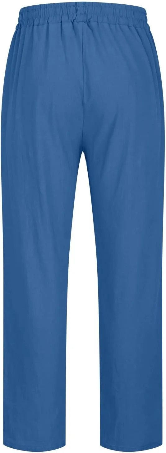 Men's Vintage Drawstring Casual Cotton Linen Pants Distressed Pleated Lightweight and Breathable Lounge Pants