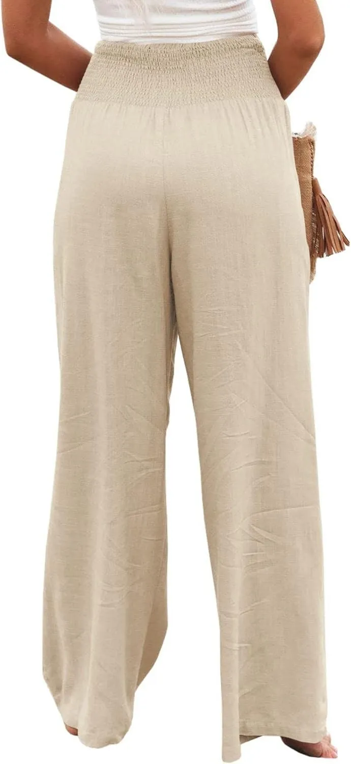 Mmoneyake Women Linen Palazzo Pants 2024 Casual High Waist Wide Leg Pants Lightweight Summer Beach Flowy Pant Lounge Trousers