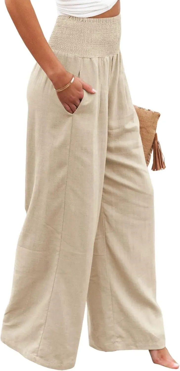 Mmoneyake Women Linen Palazzo Pants 2024 Casual High Waist Wide Leg Pants Lightweight Summer Beach Flowy Pant Lounge Trousers