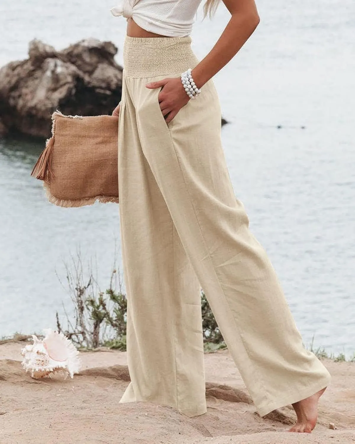 Mmoneyake Women Linen Palazzo Pants 2024 Casual High Waist Wide Leg Pants Lightweight Summer Beach Flowy Pant Lounge Trousers