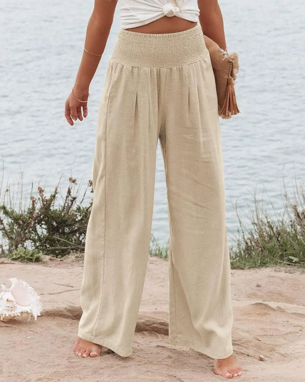 Mmoneyake Women Linen Palazzo Pants 2024 Casual High Waist Wide Leg Pants Lightweight Summer Beach Flowy Pant Lounge Trousers