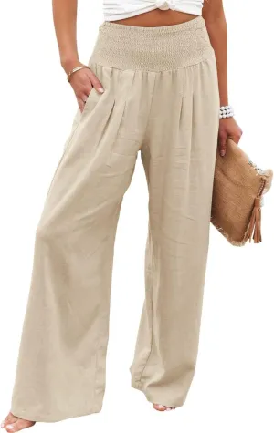 Mmoneyake Women Linen Palazzo Pants 2024 Casual High Waist Wide Leg Pants Lightweight Summer Beach Flowy Pant Lounge Trousers