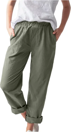 niuwa Cotton Linen Trousers for Women Solid Color Elastic Waist Casual Pants with Pockets Summer Casual Pants (Green, L)