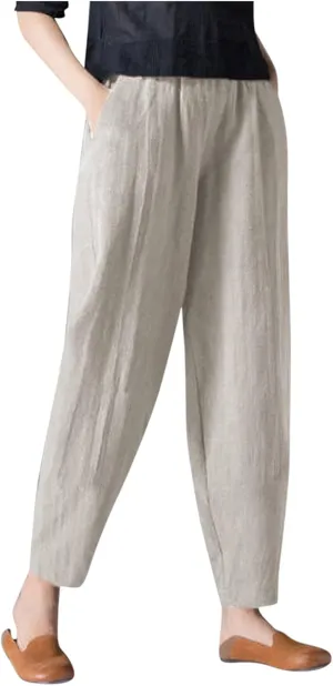 niuwa Lady Womens Cotton and Linen Harem Pants Casual Loose Trousers with Pockets Summer Elastic Waist Boho Pants Beige