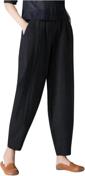 niuwa Lady Womens Cotton and Linen Harem Pants Casual Loose Trousers with Pockets Summer Elastic Waist Boho Pants Black