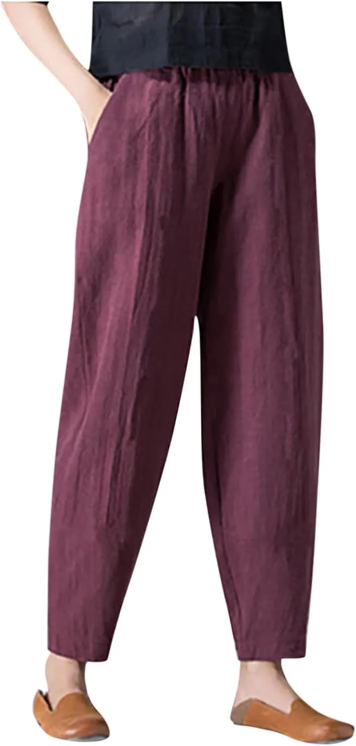 niuwa Womens Cotton and Linen Harem Pants Casual Loose Trousers with Pockets Summer Elastic Waist Boho Pants (Wine, M)