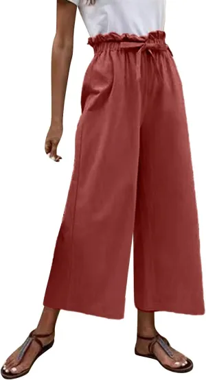 niuwa Womens Summer Cotton Linen Casual Long Pant High Waist Loose Fit Casual Trousers Comfy Pants (Wine, XL)