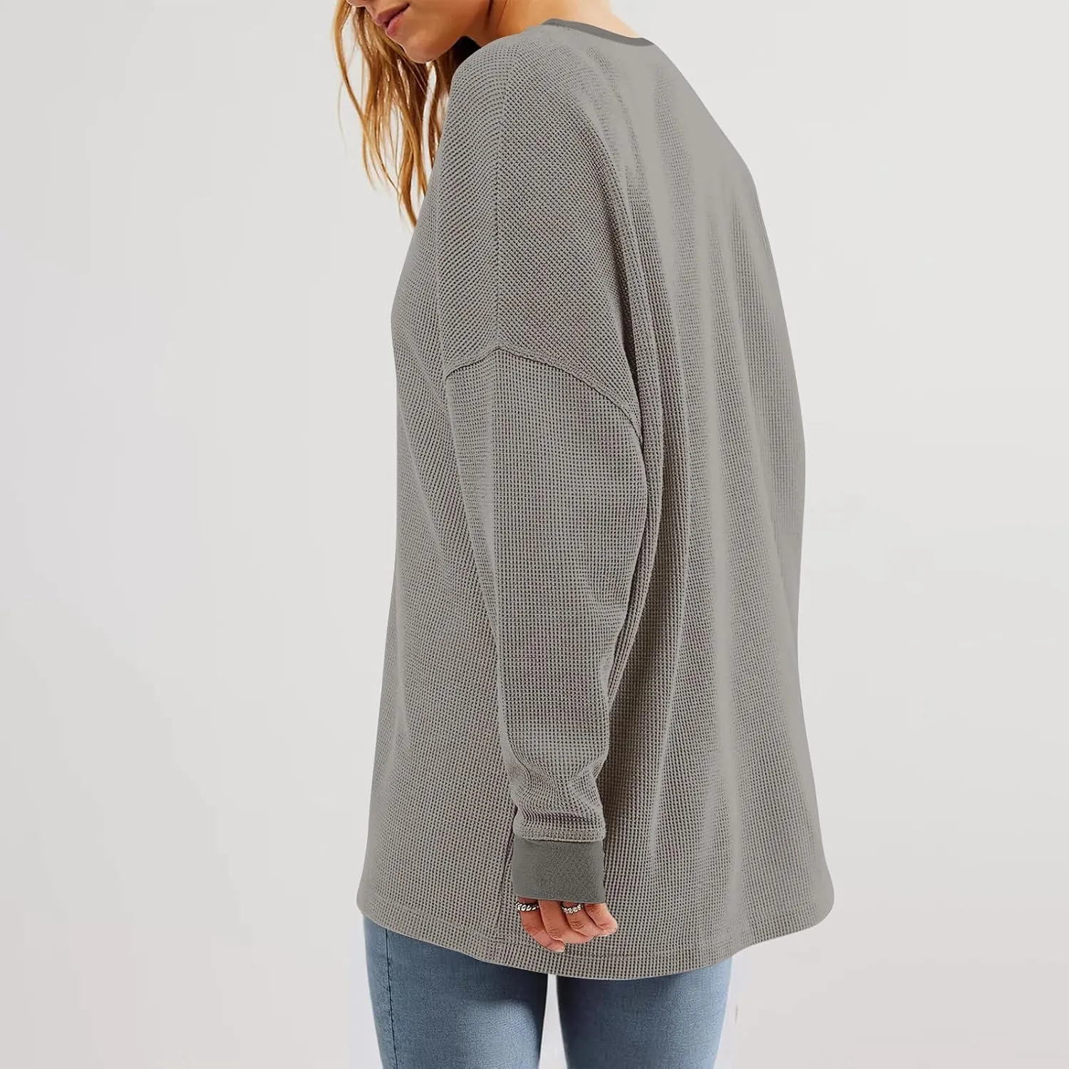Oversized Sweatshirt for Women Drop Shoulder Crewneck Sweatshirts Casual Color Block Pullovers Waffle Knit Tops
