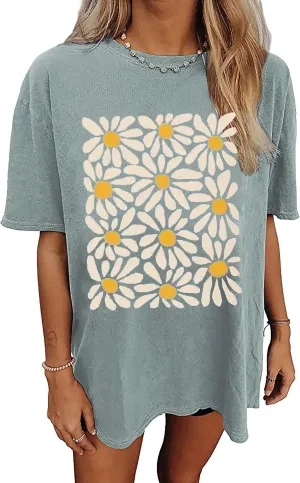 Oversized Tshirts for Women Wildflower Graphic Tees Hiking Crewneck Short Sleeve Clothes Casual Loose Hawaii Tops