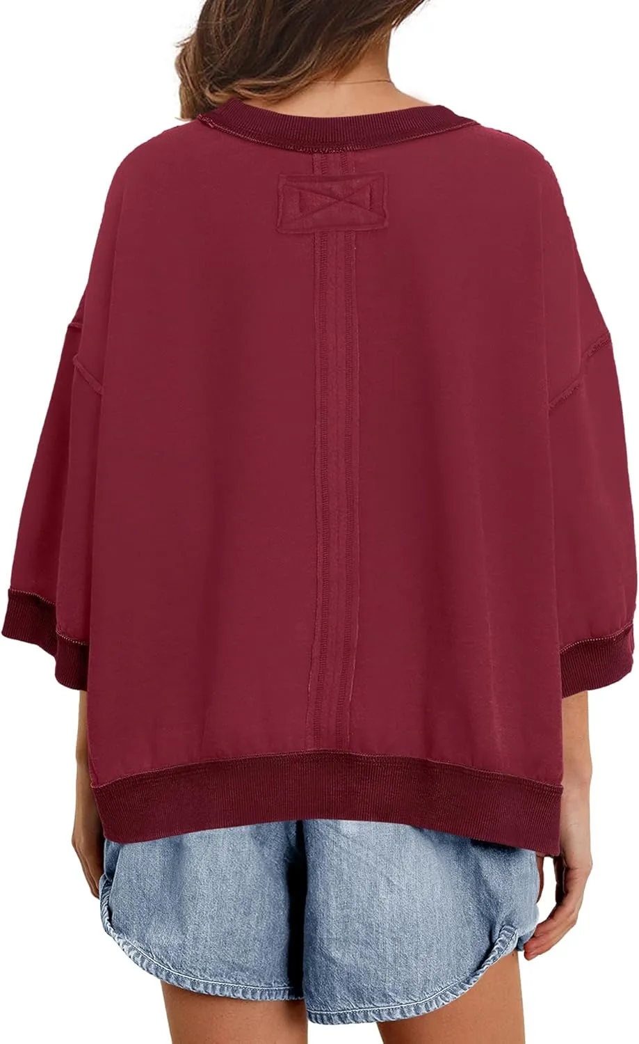 Panadila Womens Oversized Short Sleeve Sweatshirt Crewneck 3/4 Sleeve Tops Summer Cute Color Block Pullover Sweatshirt
