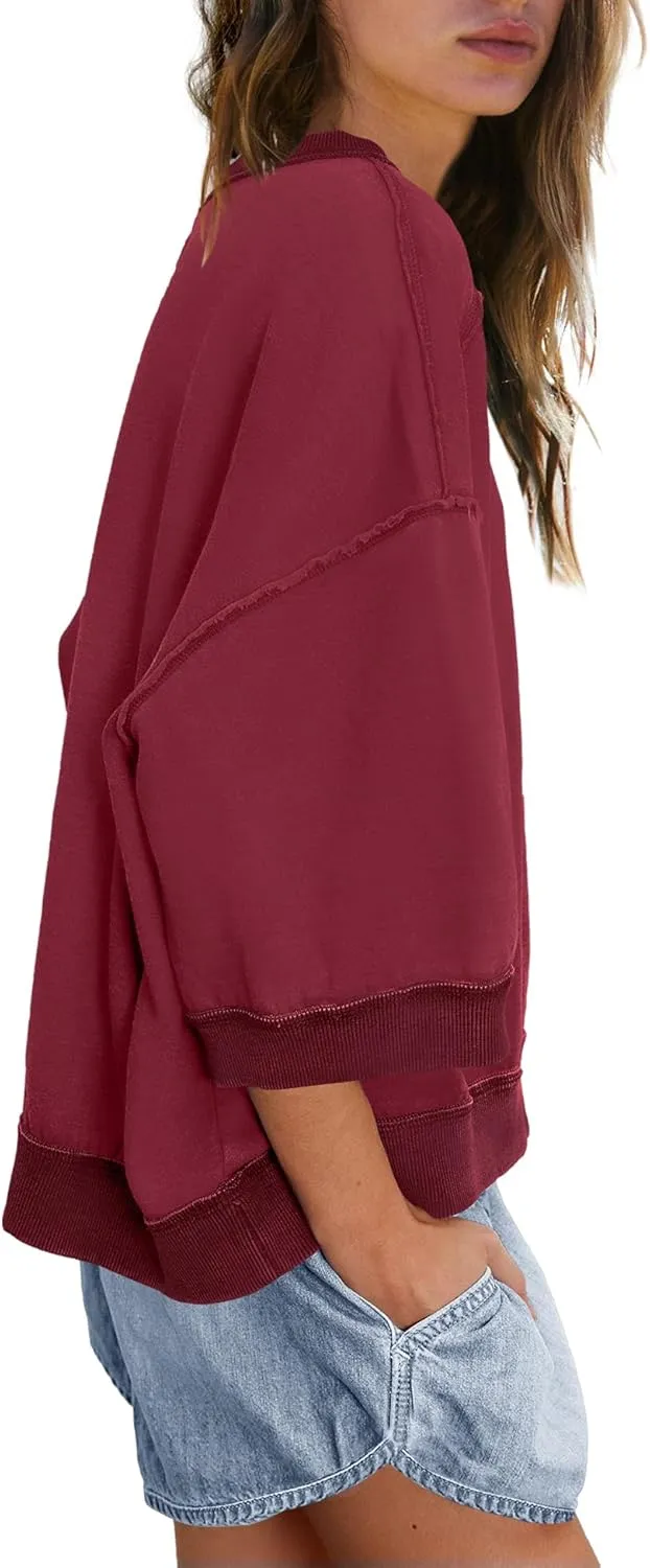 Panadila Womens Oversized Short Sleeve Sweatshirt Crewneck 3/4 Sleeve Tops Summer Cute Color Block Pullover Sweatshirt