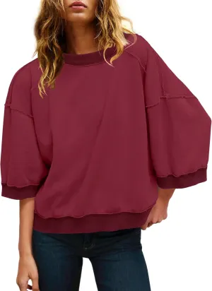 Panadila Womens Oversized Short Sleeve Sweatshirt Crewneck 3/4 Sleeve Tops Summer Cute Color Block Pullover Sweatshirt