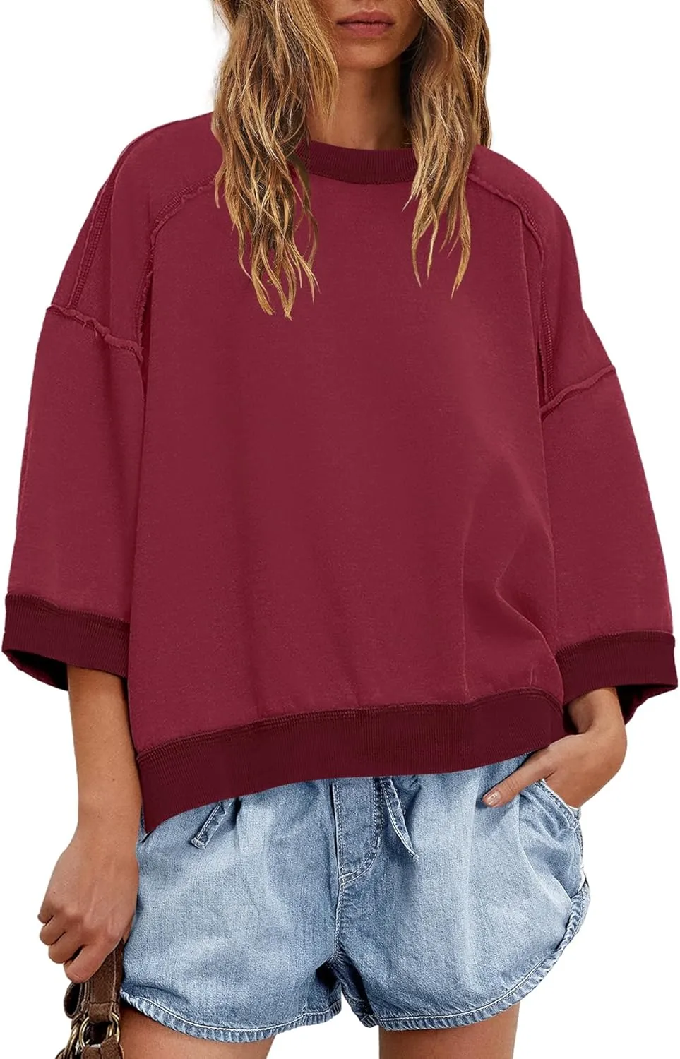 Panadila Womens Oversized Short Sleeve Sweatshirt Crewneck 3/4 Sleeve Tops Summer Cute Color Block Pullover Sweatshirt