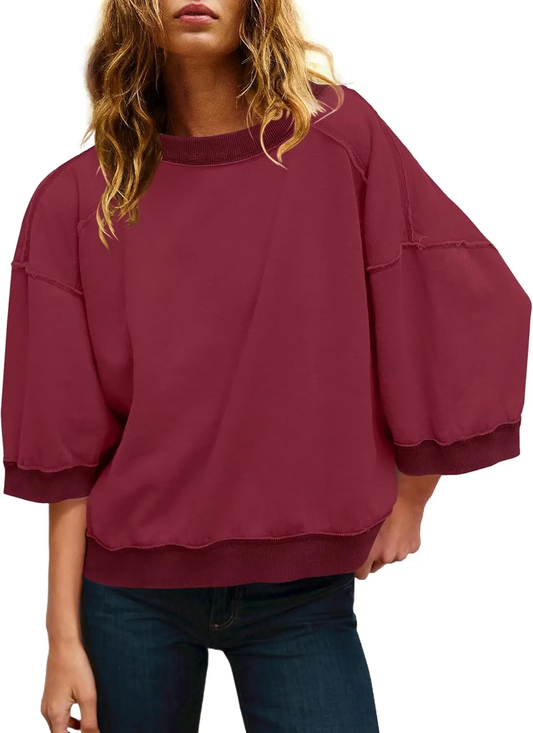 Panadila Womens Oversized Short Sleeve Sweatshirt Crewneck 3/4 Sleeve Tops Summer Cute Color Block Pullover Sweatshirt