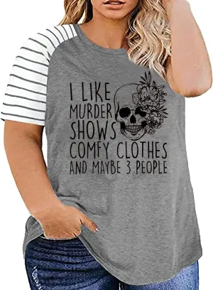 Plus Size I Like Murder Shows T-Shirt Women Novelty Halloween Horror Shirt Skull Casual Graphic Tees Tops