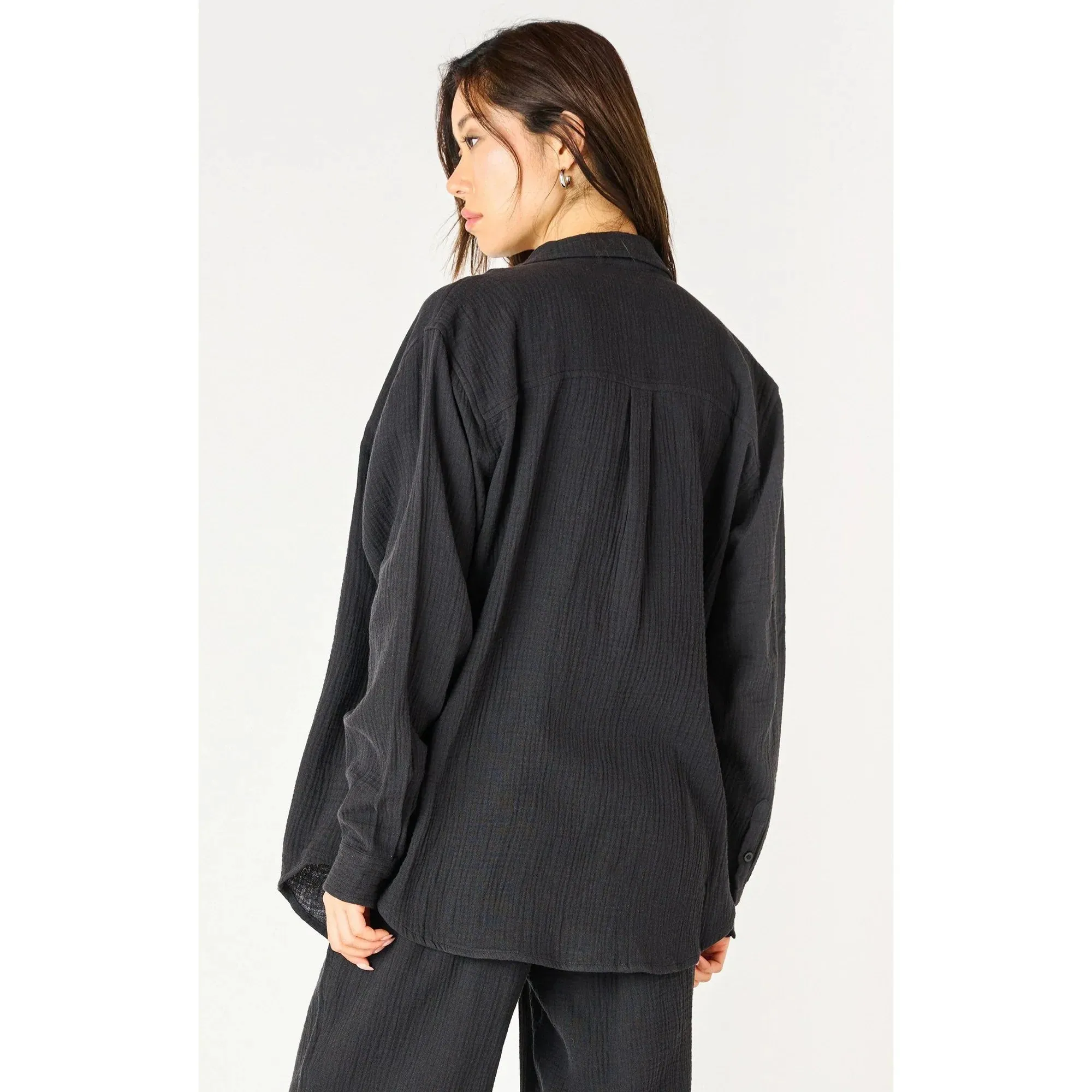 Plus Textured Button Up Blouse - Black