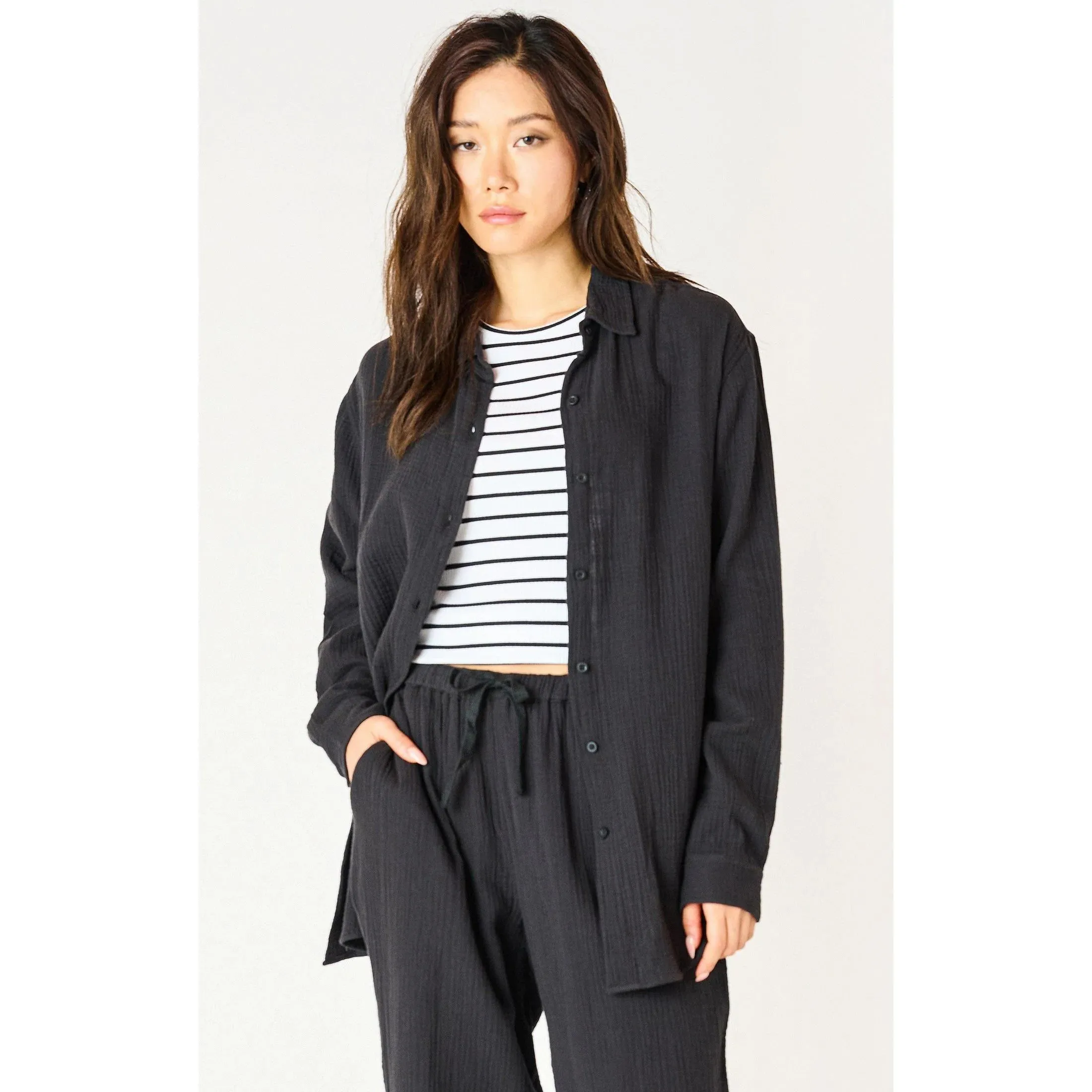 Plus Textured Button Up Blouse - Black