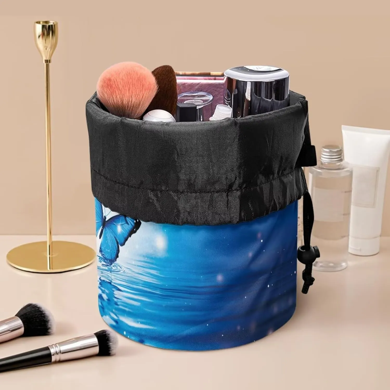Poceacles Drawstring Makeup Bag Travel Cosmetic Bag Pouch, Multi-functional Toiletry Bucket Pouch Organizer Storage Pocket for Women, Blue Butterfly Water Ripples