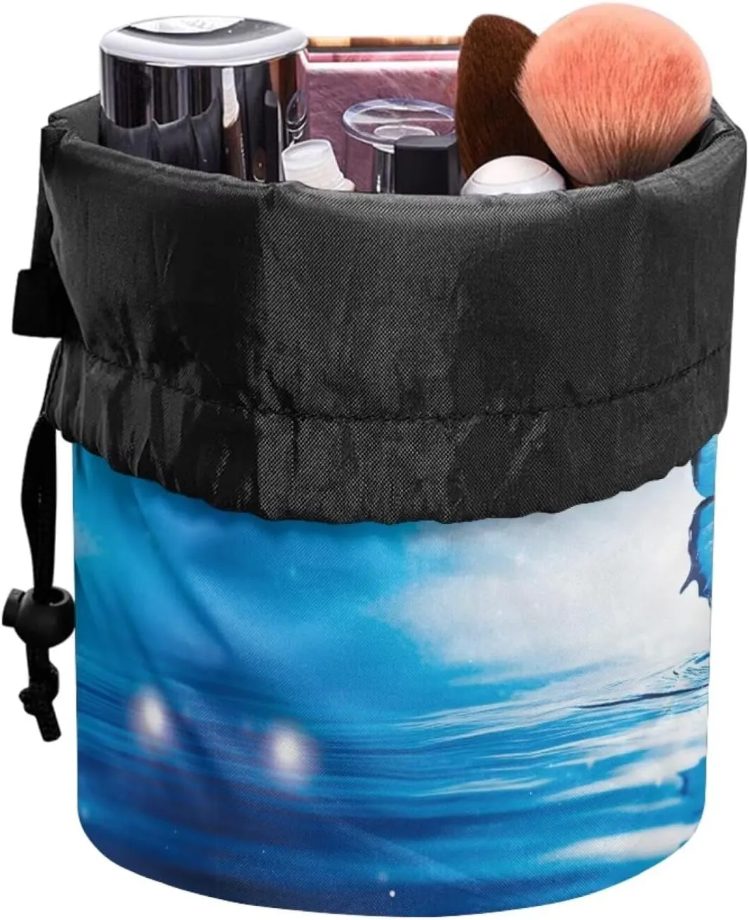 Poceacles Drawstring Makeup Bag Travel Cosmetic Bag Pouch, Multi-functional Toiletry Bucket Pouch Organizer Storage Pocket for Women, Blue Butterfly Water Ripples
