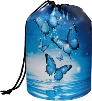 Poceacles Drawstring Makeup Bag Travel Cosmetic Bag Pouch, Multi-functional Toiletry Bucket Pouch Organizer Storage Pocket for Women, Blue Butterfly Water Ripples