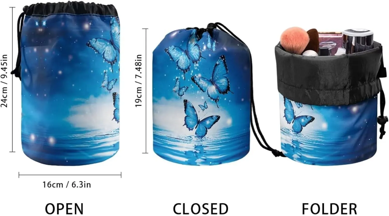 Poceacles Drawstring Makeup Bag Travel Cosmetic Bag Pouch, Multi-functional Toiletry Bucket Pouch Organizer Storage Pocket for Women, Blue Butterfly Water Ripples