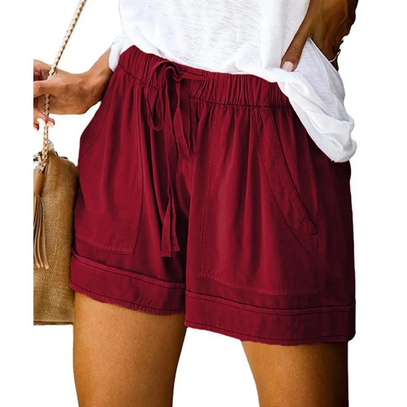 Pocketed Casual Size New Drawstring Loose Elastic Plus Solid Waist Comfy Short
