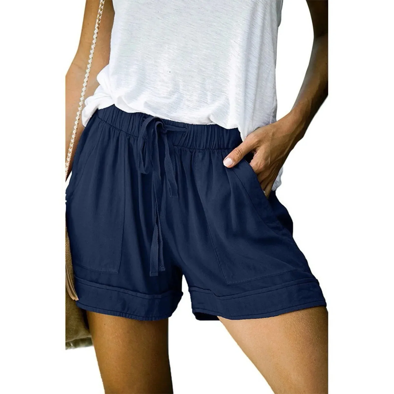 Pocketed Casual Size New Drawstring Loose Elastic Plus Solid Waist Comfy Short