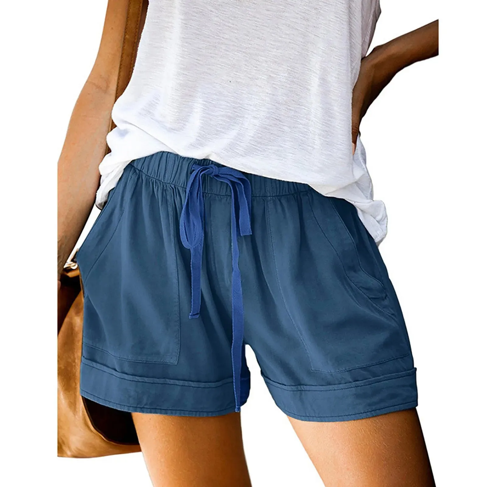 Pocketed Casual Size New Drawstring Loose Elastic Plus Solid Waist Comfy Short
