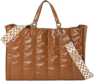 Quilted Tote Bag for Women Soft Puffy Handbag PU Leather Shoulder Bag Down Cotton Padded Top Handle Bag Crossbody Bag