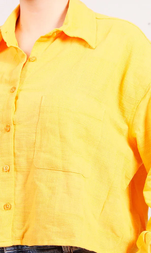 R206573-R206573 - Button-Up Linen Cropped Shirt - Yellow