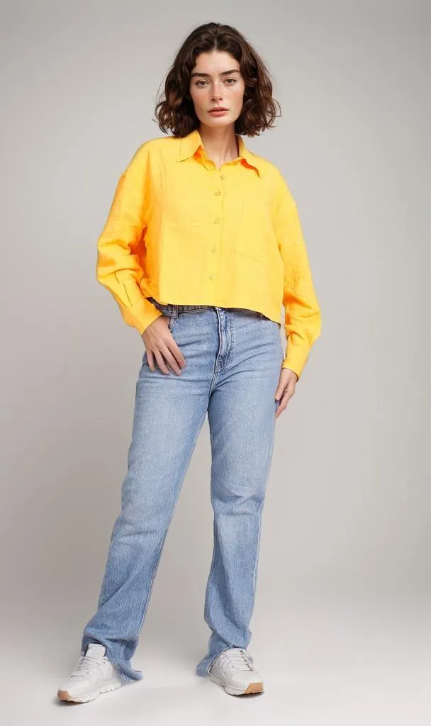 R206573-R206573 - Button-Up Linen Cropped Shirt - Yellow