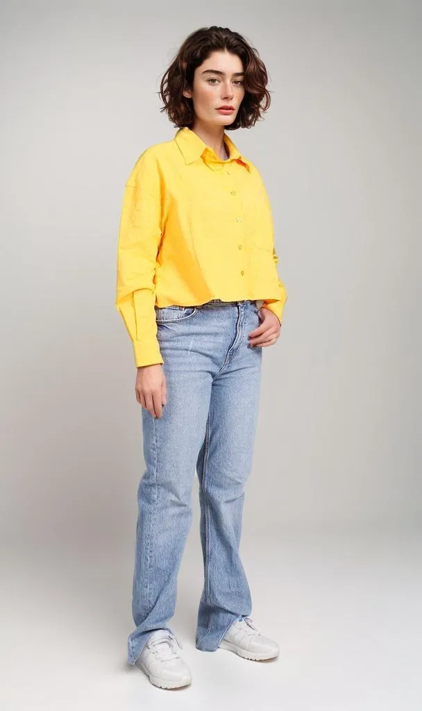 R206573-R206573 - Button-Up Linen Cropped Shirt - Yellow