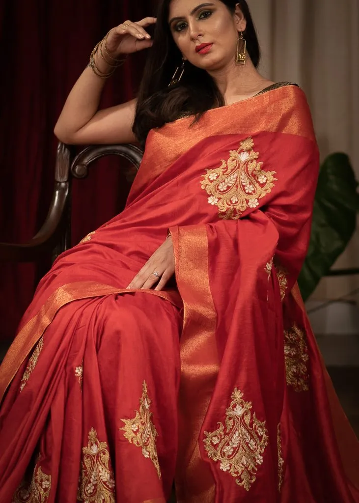 RED COTTON SILK SAREE WITH HEAVY EMBROIDERED GOTA PATI MOTIFS