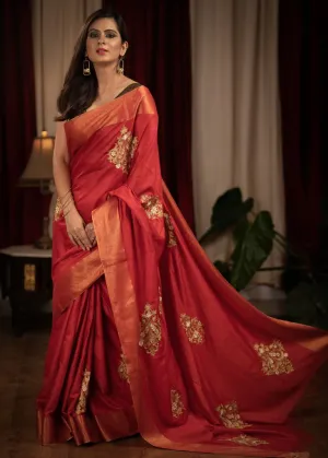 RED COTTON SILK SAREE WITH HEAVY EMBROIDERED GOTA PATI MOTIFS