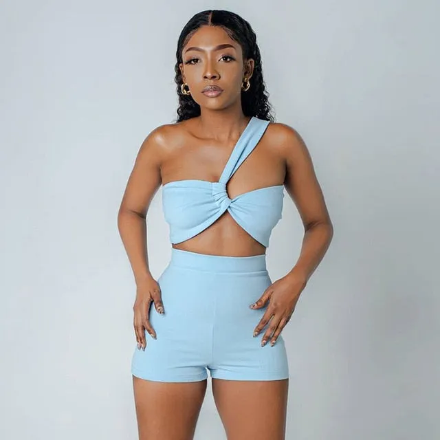 Simenual Wrap Chest Crop Top And Shorts 2 Piece Outfits Summer Fashion Skinny Solid Women Matching Set Asymmetrical Casual Cloth