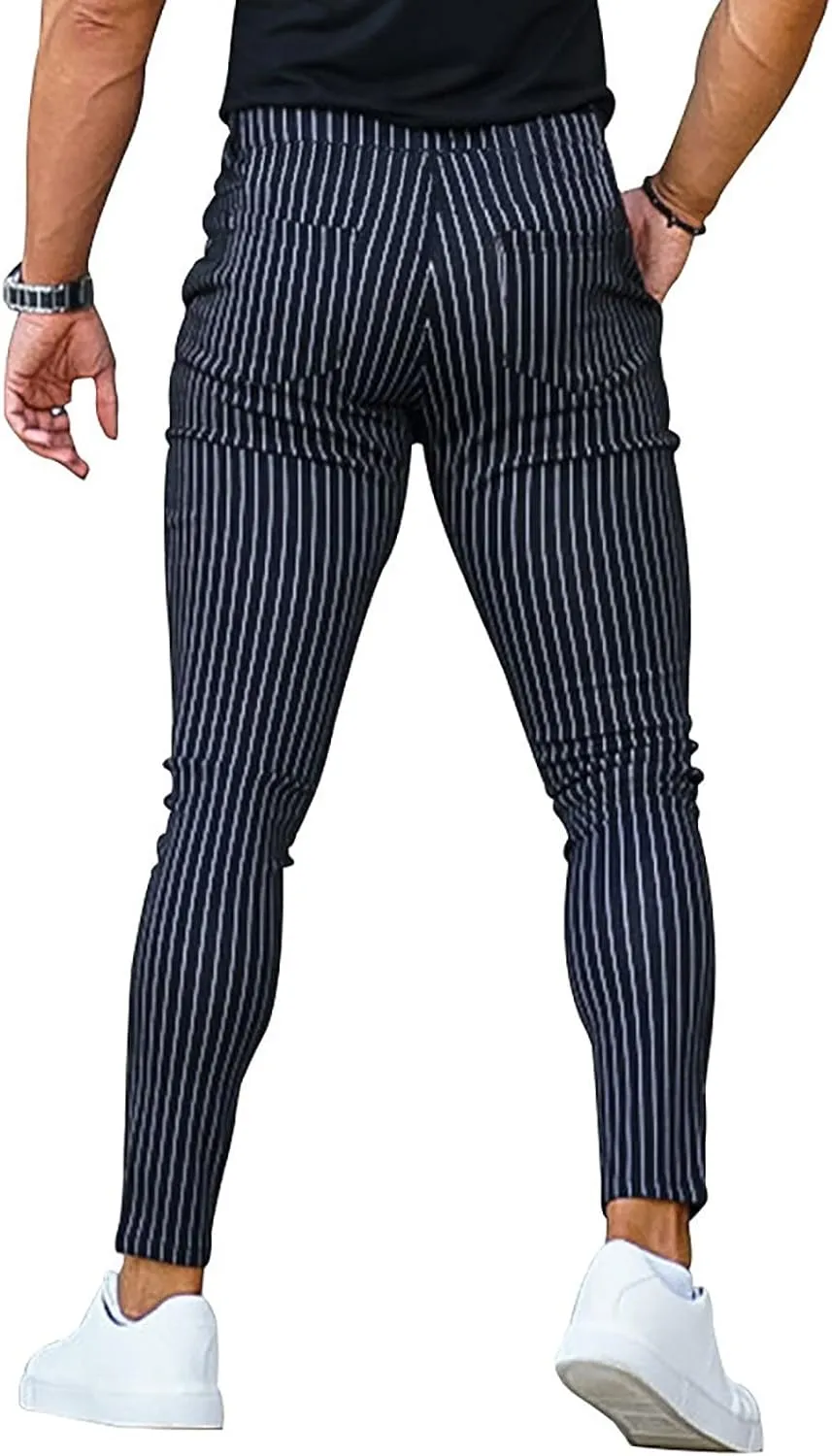 Stretch Slacks for Men Business Casual Slim Striped Drawstring Lightweight Work Pants Straight Barrel Leggings Pant