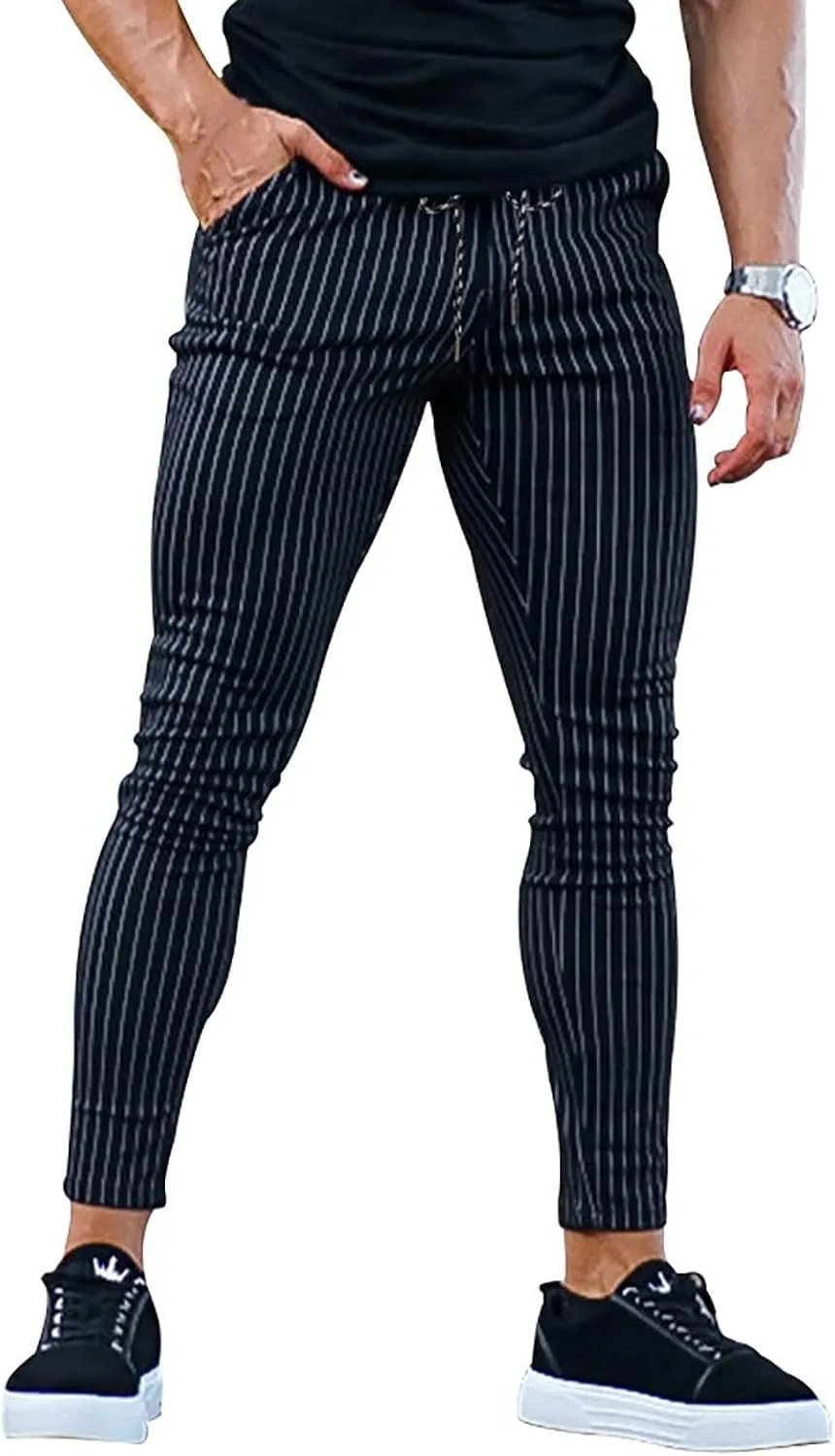 Stretch Slacks for Men Business Casual Slim Striped Drawstring Lightweight Work Pants Straight Barrel Leggings Pant