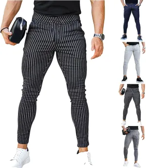 Stretch Slacks for Men Business Casual Slim Striped Drawstring Lightweight Work Pants Straight Barrel Leggings Pant
