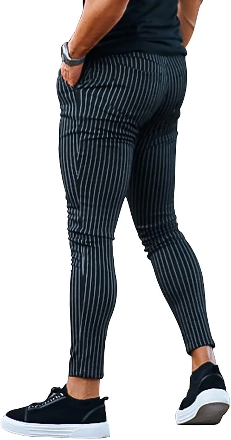 Stretch Slacks for Men Business Casual Slim Striped Drawstring Lightweight Work Pants Straight Barrel Leggings Pant