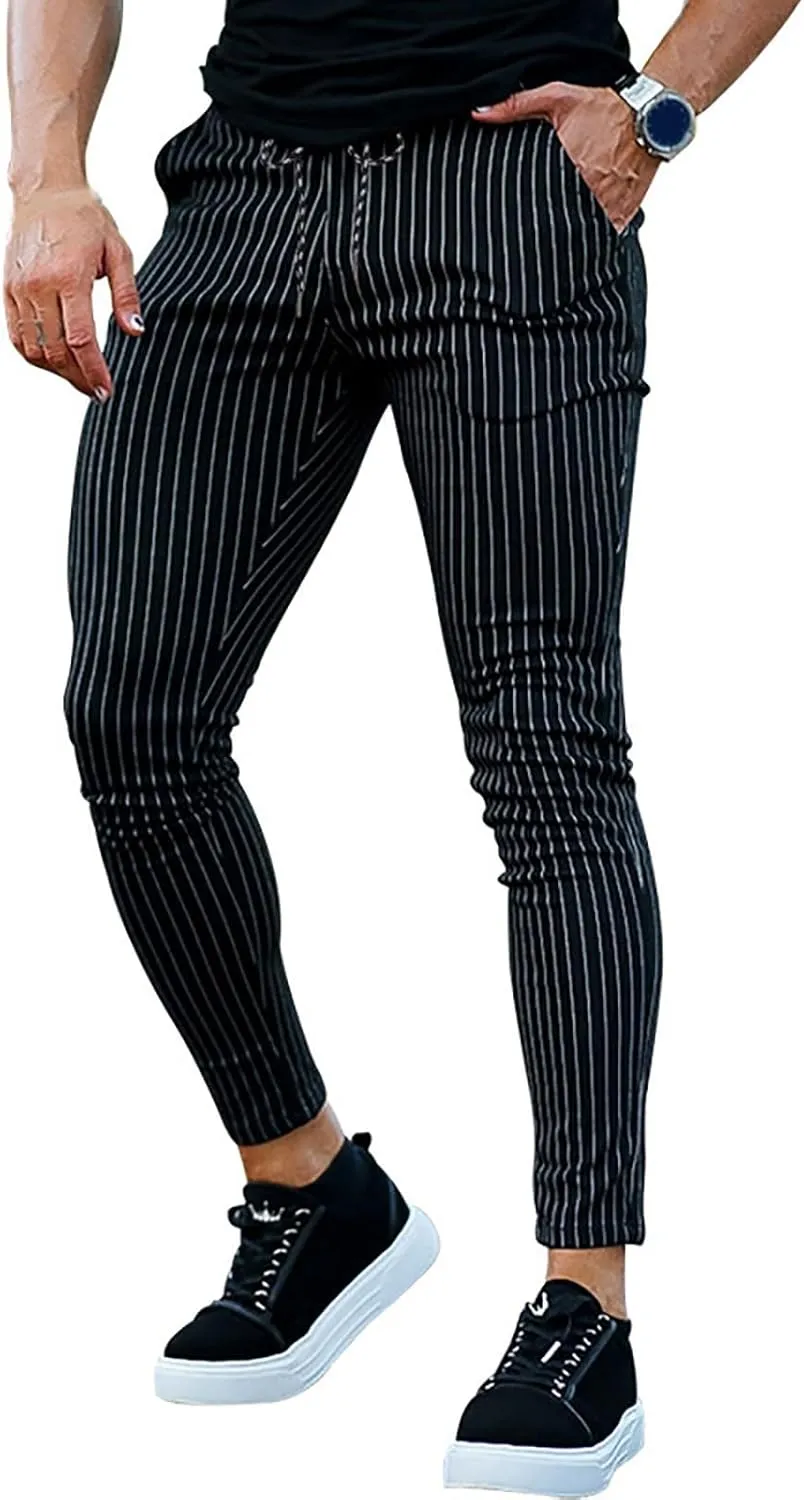 Stretch Slacks for Men Business Casual Slim Striped Drawstring Lightweight Work Pants Straight Barrel Leggings Pant