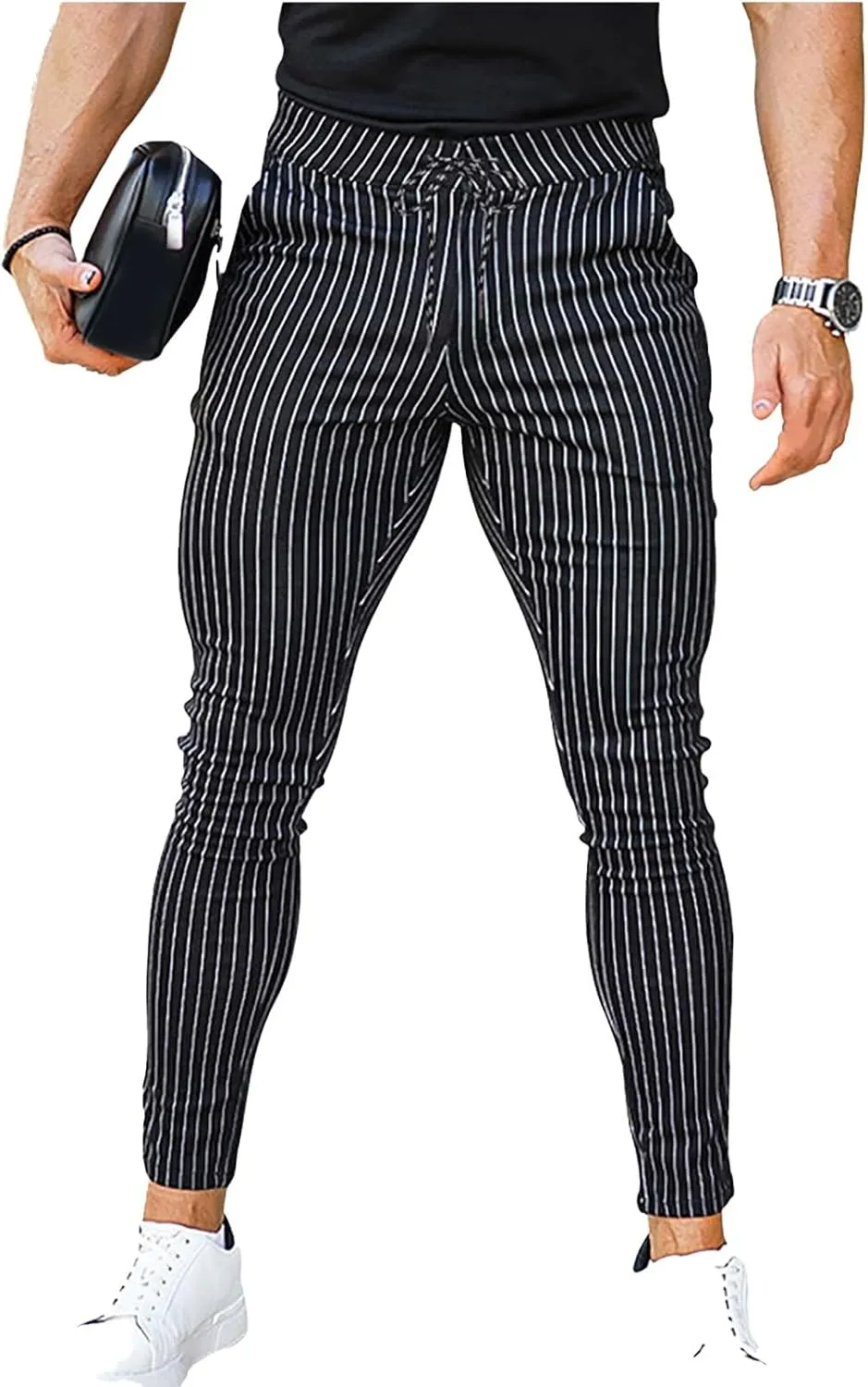 Stretch Slacks for Men Business Casual Slim Striped Drawstring Lightweight Work Pants Straight Barrel Leggings Pant