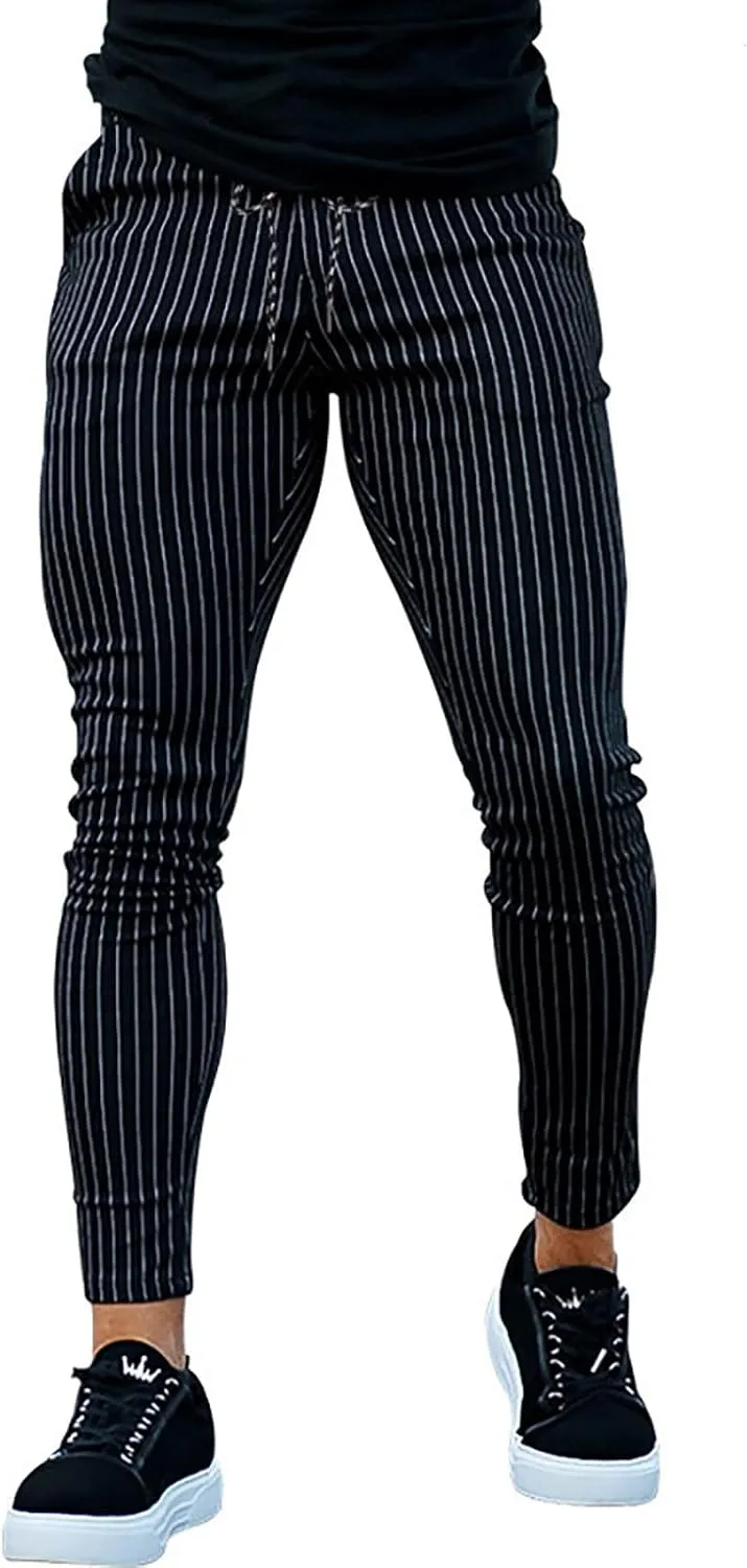 Stretch Slacks for Men Business Casual Slim Striped Drawstring Lightweight Work Pants Straight Barrel Leggings Pant